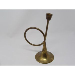 Vintage  Brass French Horn Candle Stick Holder 9" H x 4 1/2" W
